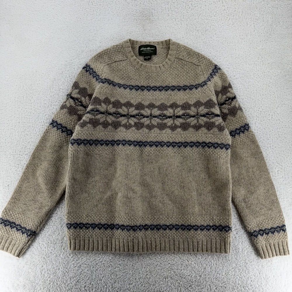 Eddie Bauer Heritage Sweater Mens XL Beige‎ Wool Geometric Pattern Knit Pullover